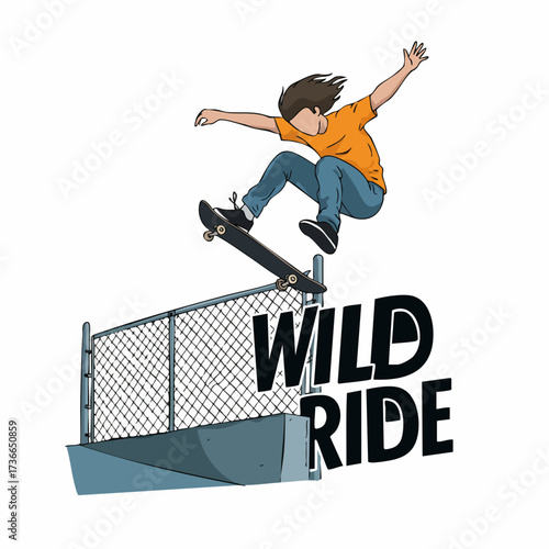 Dynamic Cartoon Style Skateboarder Performing Grind on Rail Illustration