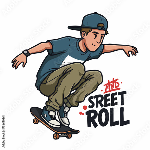 Cartoon Skateboarder Boy Illustration Doing Ollie Trick Outdoor Urban Activity