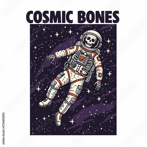 Retro Detailed Spacewalk Astronaut Skeleton Illustration in Universe Adventure Scene