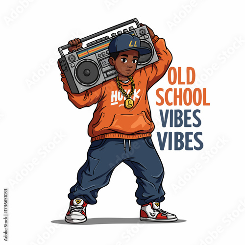 Cartoon Style Hip Hop Kid with Boombox Character Illustration