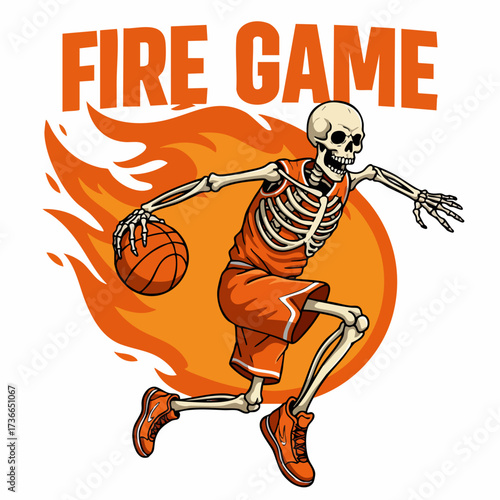 Cartoon Illustration of Fire Game Skeleton Playing Basketball with Burning Flames