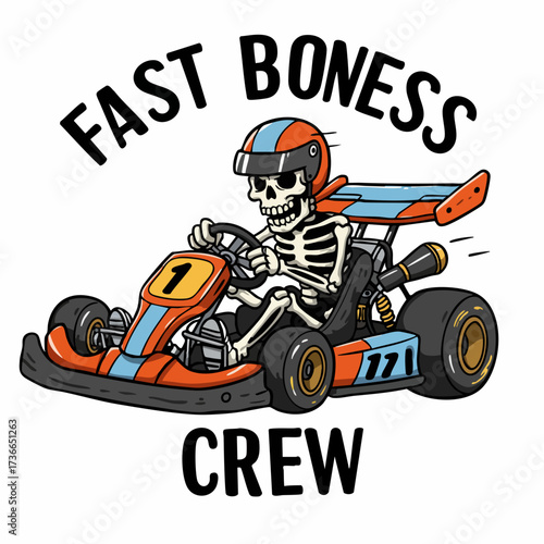 Cartoon Handdrawn Skeleton Driving Go Kart Racing Team Illustration
