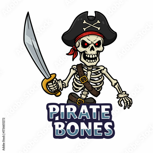 Cartoon Style Detailed Pirate Skeleton with Saber and Hat Illustration
