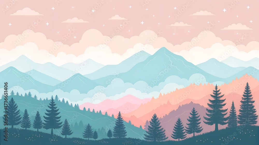Fototapeta premium Pastel mountain range landscape with pine trees and cloudy sky with scattered stars above it all