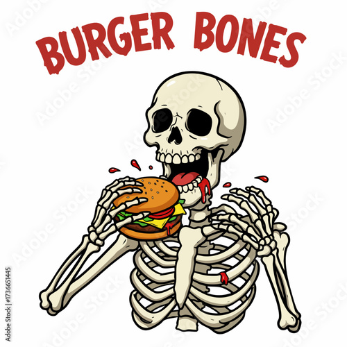 Cartoon Illustration of Skeleton Eating Delicious Burger with Funny Expression