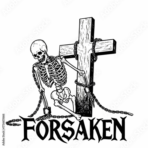 Detailed Gothic Skeleton Leaning Against Cross Religious Sign Illustration