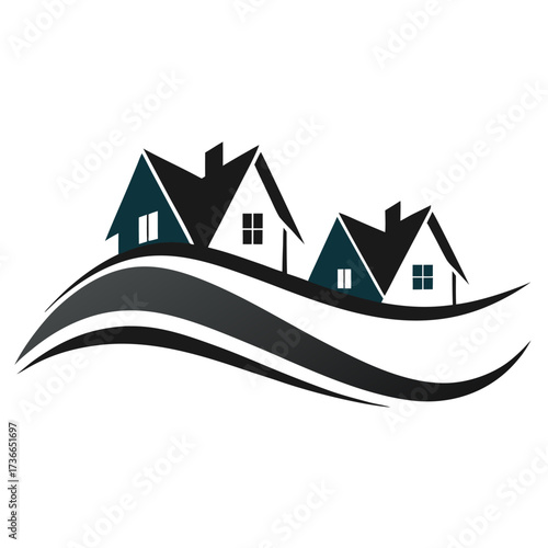 Stylized house logo design vector illustration of residential buildings on a wave real estate and property concept