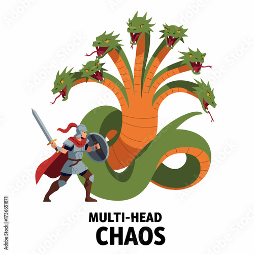 Colorful Flat Style Multi Headed Hydra Monster Character Confrontation