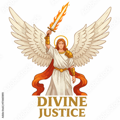 Detailed Cartoon Angel Warrior with Flaming Sword Illustration Isolated