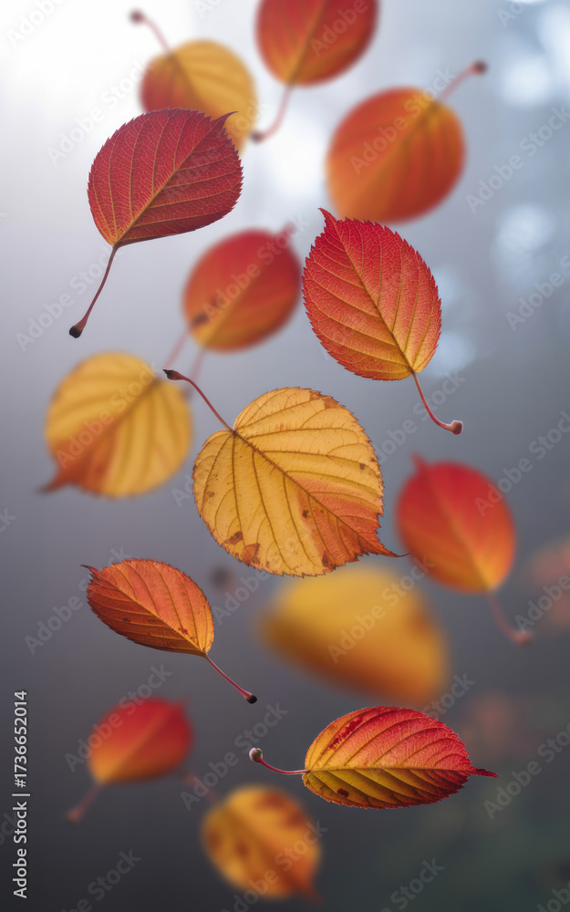 Fototapeta premium Autumn leaves falling from trees in a gentle breeze