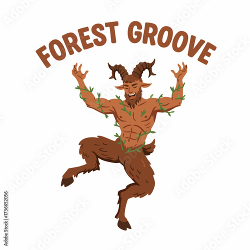 Cartoon Style Dancing Faun Satyr Creature with Vines Graphic Illustration
