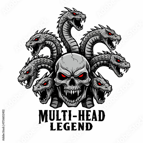 Detailed Mythical Skull with Multiple Hydra Serpent Heads Creative Illustration