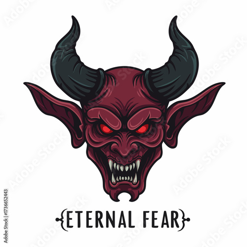 Detailed Cartoonish Devil Face Head with Horns Evil Demon Creature