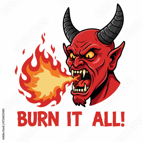 Cartoon Style Fierce Devil with Flames Illustration Burning Sign