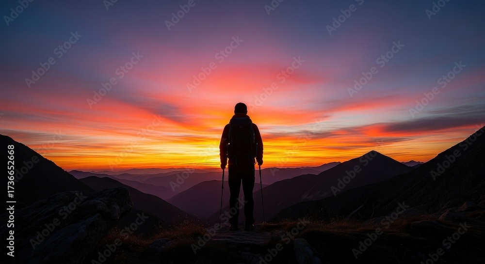 Obraz premium A lone figure stands silhouetted on a mountain peak, gazing at a breathtaking sunset with dramatic orange and red sky rays over a vast mountain range.