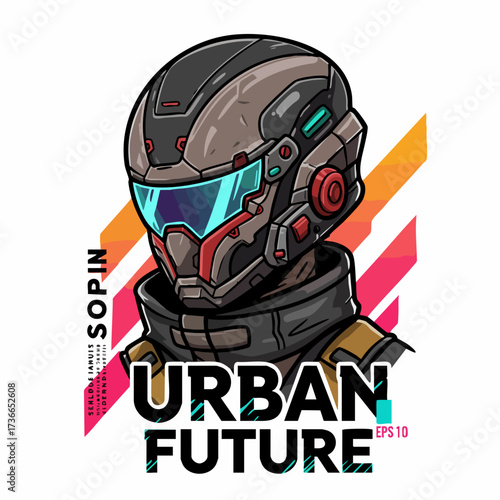 Colorful Futuristic Cyberpunk Warrior Illustration with Geometric Background for T Shirt Design
