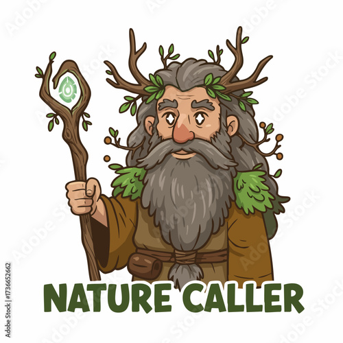 Cartoon Nature Caller Character Holding Staff with Antlers and Foliage