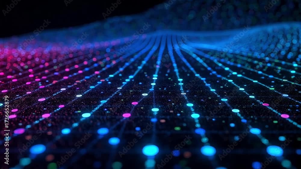 Dynamic digital network streams with vibrant neon lights and flowing data points creating a mesmerizing futuristic abstract background for technology and innovation themes