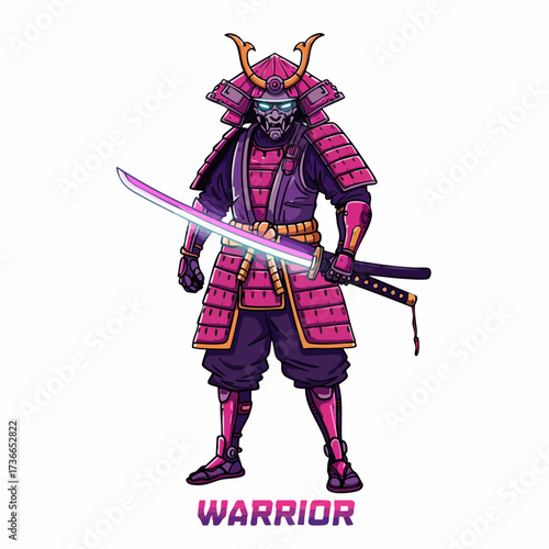 Detailed Pixel Art Samurai Warrior Illustration with Sword in Pink Armor