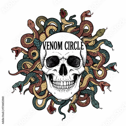 Detailed Hand Drawn Skull Surrounded by Snakes Venom Circle Illustration