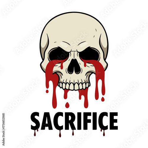 Dark Cartoon Dripping Blood Skull with Sacrifice Text Graphic Illustration