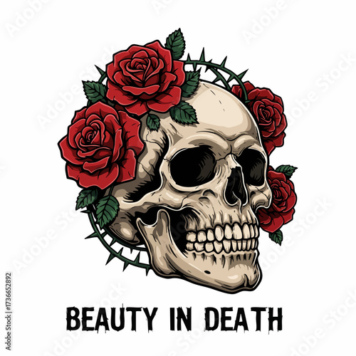 Gothic Detailed Skull with Roses and Thorns Frame Ornament Illustration