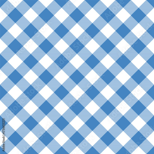 Check seamless pattern. Blue checks background. Repeated gingham diagonal patern. Scottish style for prints design. Repeating texture checkered plaid. Repeat chess woven fabric. Vector illustration
