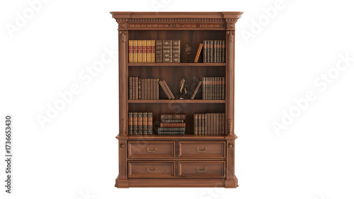 Elegant wooden bookcase filled with antique books and vintage decor, a timeless addition to any library or study, evokes classic style and intellectual curiosity