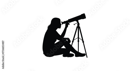 Silhouette of person sitting and looking through telescope at stars or sky