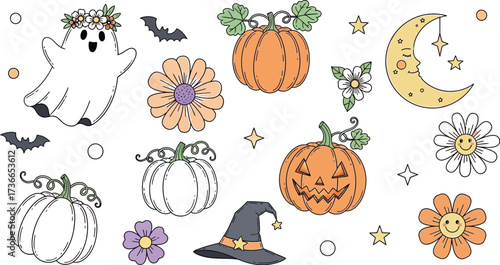 Cute halloween elements with ghost pumpkins flowers moon and witch hat design