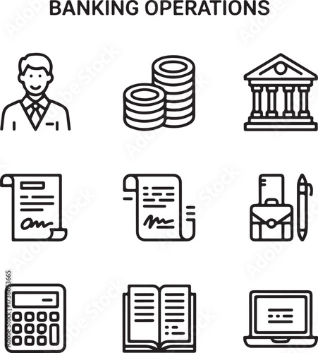 Banking Operations Vector Icons Banker, Coins, Briefcase, Bank, Contract, Calculator, and Financial Workspace