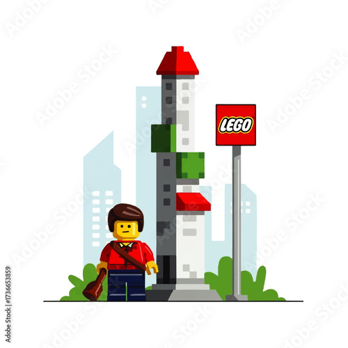 Creative play concept with a block character building a colorful high-rise structure in a minimalist urban landscape