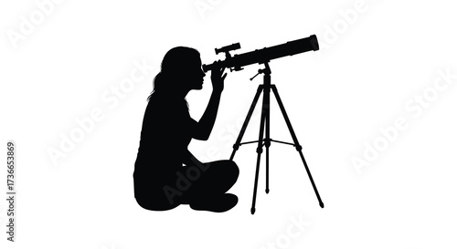 Silhouette of a person gazing through a telescope at the night sky exploring the universe