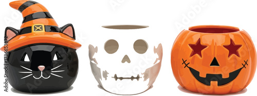 Halloween themed candle holders featuring a cat skull and pumpkin on white