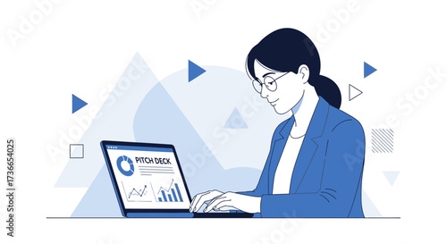 Efficient Professional Uses Computer For Pitching Deck Presentation And Business Analysis