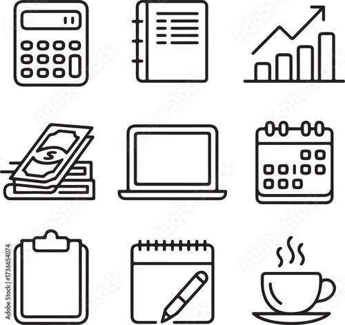 Bookkeeping and Finance Vector Icons Calculator, Ledger Book, Laptop, Chart, Money Stack, Clipboard, and Office Supplies
