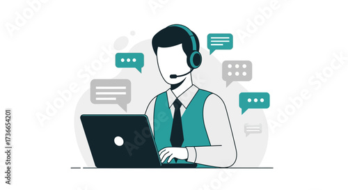 Customer support worker using a laptop and headset with chat bubbles illustration
