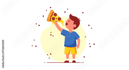 Cute cartoon boy eating pizza slice with pepperoni and cheese vector illustration