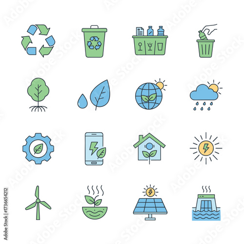 A premium-quality outline icon collection featuring thin-line icons themed around recycling, the environment, natural life, sustainable technology, and renewable energy