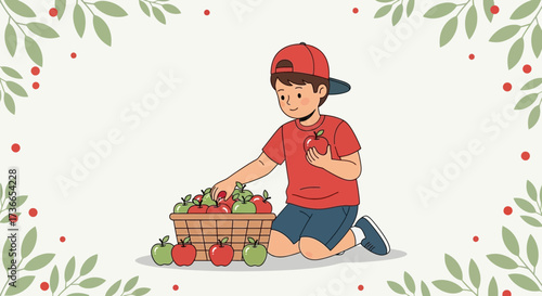 Cute boy picking apples from a basket in a charming illustration