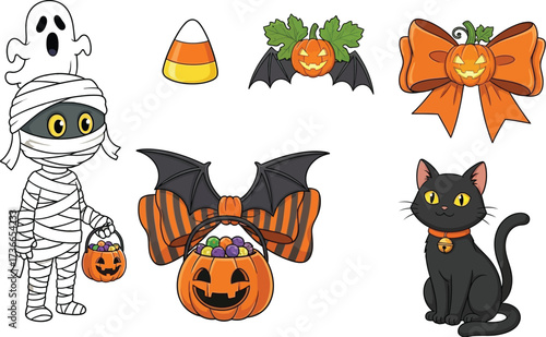 Cute halloween cartoon characters including a mummy cat candy corn and pumpkins