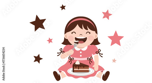 Cute cartoon girl eating cake and smiling with stars around her on white background