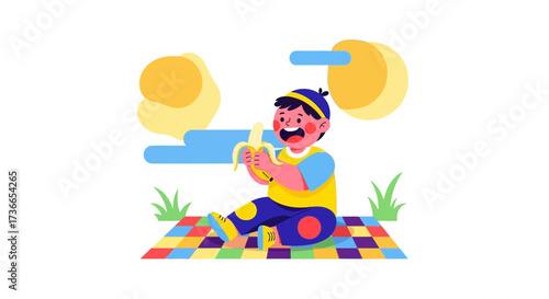 Cute cartoon illustration of a child eating a banana at a picnic in the park