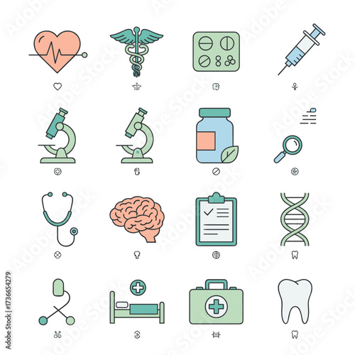 A collection of thin line icons for healthcare and medicine, designed for websites, mobile sites, and apps, featuring editable strokes