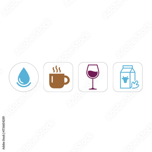 Flat design concept icons representing water, coffee, wine, and milk for manufacturers, restaurants, shops, e‑commerce, advertising, web services, apps, and print media