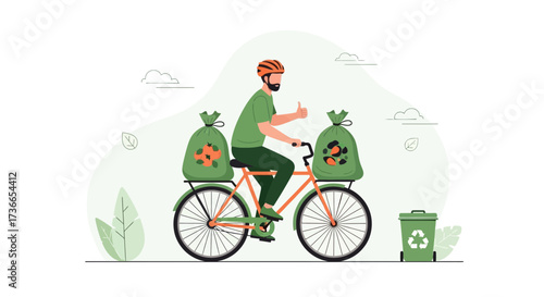 Cyclist Delivering Waste, Eco-Friendly Disposal, Green Living, Sustainability Concept