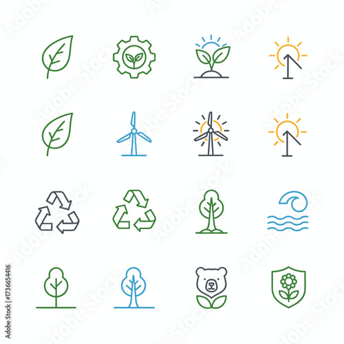 A contemporary set of minimalist line icons depicting ecology, sustainable tech, renewable energy, recycling, nature, and the protection of flora and fauna—ideal for website and app design