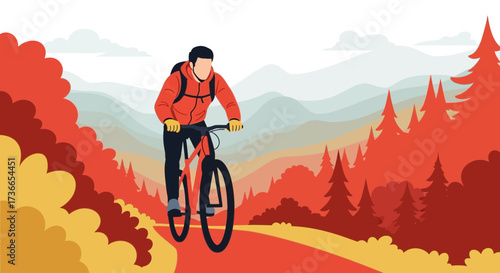 Cyclist riding a bike on a trail through a colorful autumn forest landscape
