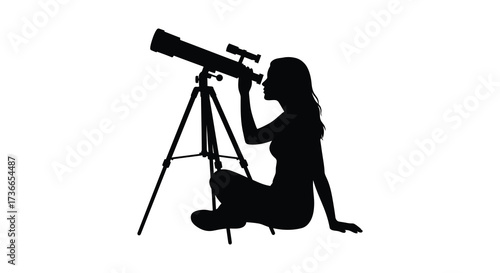 Silhouette woman gazing through telescope discovering stars astronomy hobby night sky