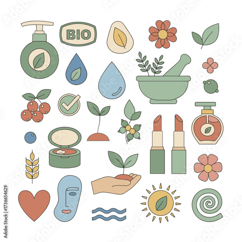 Set of cosmetics and beauty stickers and elements: vector illustrations for natural cosmetics, healthcare, organic products, spa, wellness, beauty and healthy living, body and skin care, and makeup